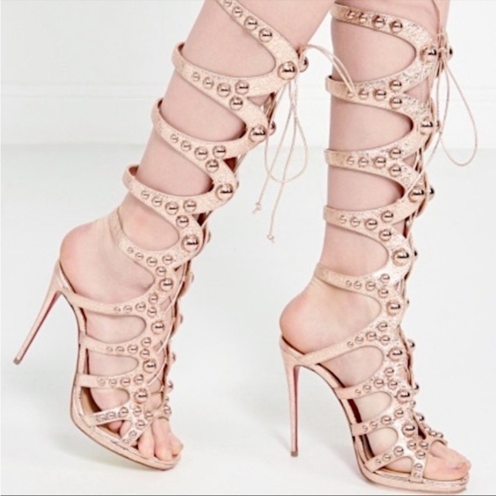 Christian Louboutin Amazoutiful 120 Lace Up Sandals Latte/Sliver - Picture 2 of 8